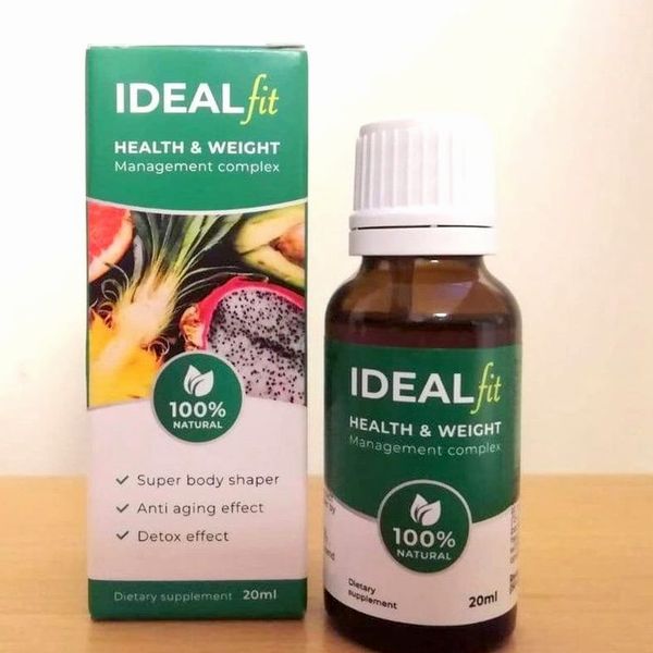 Flacon ambré IdealFit de 20 ml à bouchon blanc, posé à côté de son étui vert Health & Weight