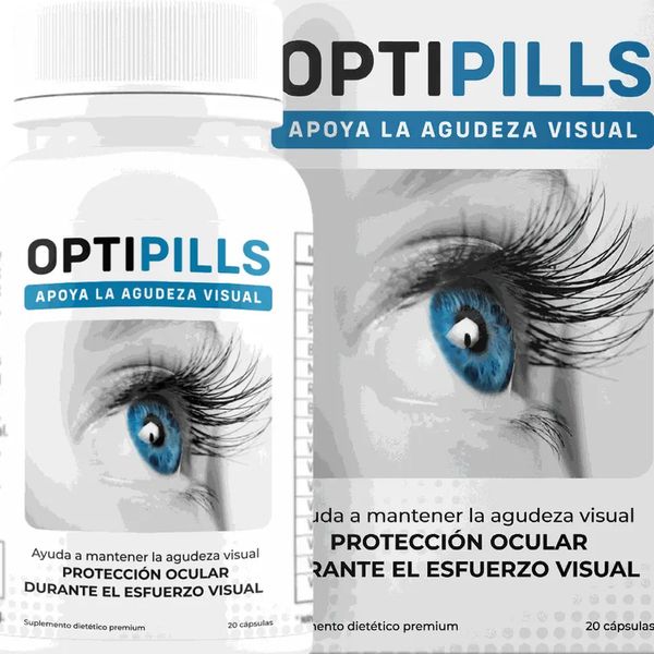 Flacon blanc Optipills de 20 gélules, étiquette bleue avec un œil à l'iris bleu