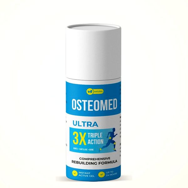 Flacon cylindrique blanc et bleu Osteomed Ultra, mention 3X Triple Action et Comprehensive Rebuilding Formula